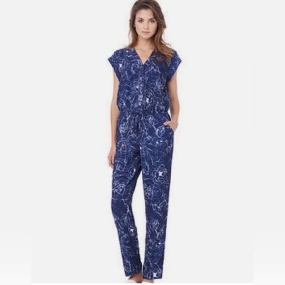 SAM EDELMAN Blue and White abstract print cap sleeve jumpsuit size 10 - Picture 1 of 15
